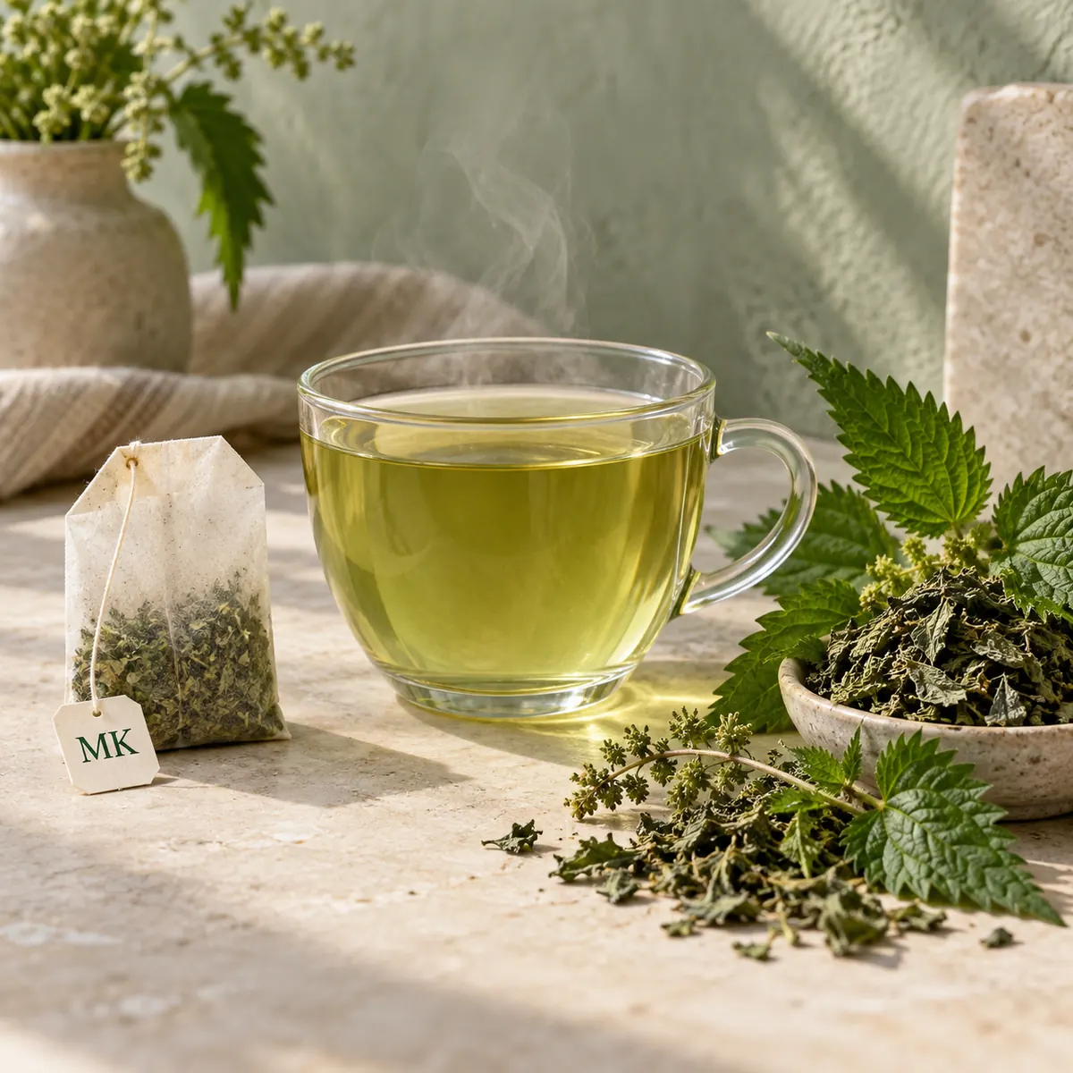 Dried nettle leaf and loose herbal blend beside an MK Holistic Clinic tea tin